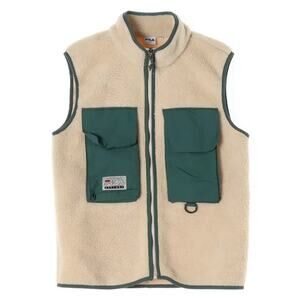 Fila Loose Fit Explore Sherpa Fleece Zip-Up Vest in Cream & Khaki, Size Medium